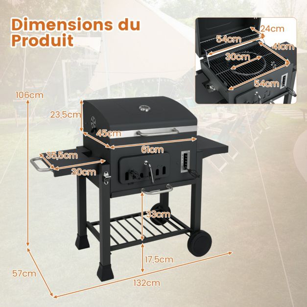 Barbecue à Charbon transportable avec 2 Tables Latérales Pliantes